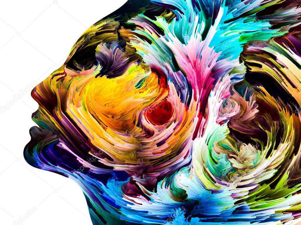 Disturbing Thoughts series. Colorful paint in motion inside human face silhouette. Artwork on the subject of inner world, mind, psychology, depression, anxiety, mental illness, creativity and abstract art.