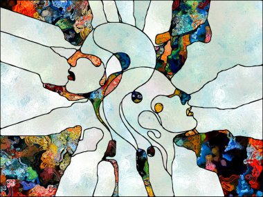 Işık kırıntıları. Lekeli Camlar Birliği serisi. Parçalanma, sanat, şiir ve tasarım birliğinin kavramsal ilişkisindeki renk ve doku parçalarının kalıbı