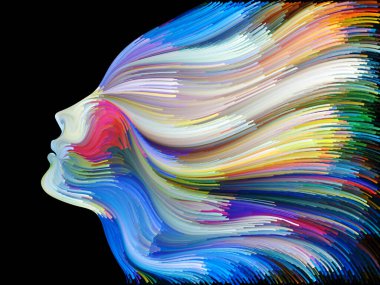 Renk serisinin yüzü. Yaratıcılık, tasarım, iç dünya, insan doğası ve sanatsal ruh projeleri için uygun bir zemin olarak insan profili ve renkli renkli boya çizgileri.