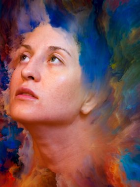 Onun Dünya serisi. Kadın portre canlı boya ile erimiş ve duygular, duygular, iç dünya, yaratıcılık ve hayal gücü projelerde kullanım için uygun zemin oluşur