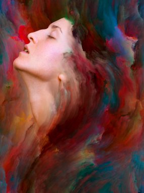 Onun Dünya serisi. Mecazi ilişki duygular, duygular, iç dünya, yaratıcılık ve hayal gücü ile canlı boya ile kadın portre bileşimi erimiş