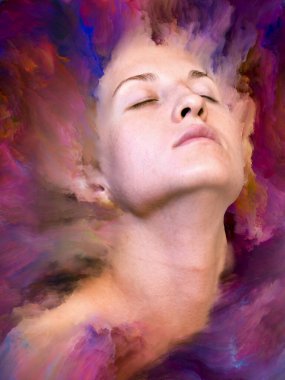 Dünya serisi. Kadın portresinin arka plan tasarımı duygular, duygular, iç dünya, yaratıcılık ve hayal gücü üzerine canlı boyalar ile kaynaştırılmış.