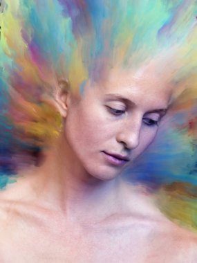 Dünya serisi. Duygular, duygular, iç dünya, yaratıcılık ve hayal gücü konularında kadın portresiyle birleştirilmiş soyut tasarım.