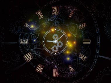 Uzay Zamanı. Zamanın Yüzleri serisi. Bilim, eğitim ve modern teknolojiler için saat kadranlarının ve soyut unsurların grafik bileşimi