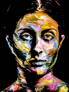 Renk serisi insanları. Yaratıcılık, hayal gücü ve sanat konularında genç bir kadının renkli soyut portresi.