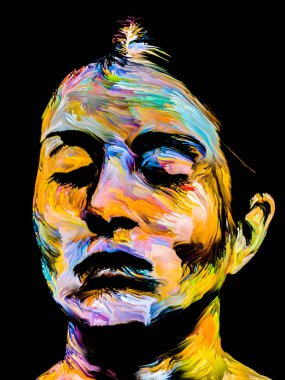 Renk serisi insanları. Yaratıcılık, hayal gücü ve sanat konularında genç bir kadının canlı ve soyut portresi.