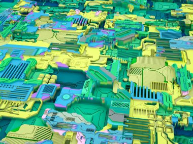 Yer Değiştirme Dünyası serisi. Bilim, modern teknoloji ve eğitim konularında soyut teknolojik örüntünün 3 boyutlu yorumlanması.