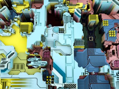 Yer Değiştirme Dünyası serisi. Bilim, modern teknoloji ve eğitim konularında soyut teknolojik örüntünün 3 boyutlu yorumlanması.