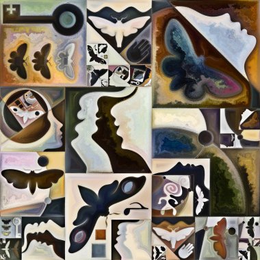 Çıkış Formu. Gizli şifre serisi. İnsan siluetlerinden, sanat dokularından ve renklerden oluşan soyut bir arka plan iç hayat, drama, şiir ve algı teması üzerine etkileşim kurar