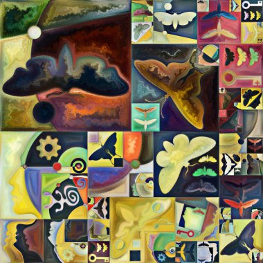 İç şifreleme serisi. Gizli anlamlar, kutsal yaşam, drama, şiir, mistisizm ve sanat konularındaki soyut organik formların ve sanat dokularının renkli kolajı.