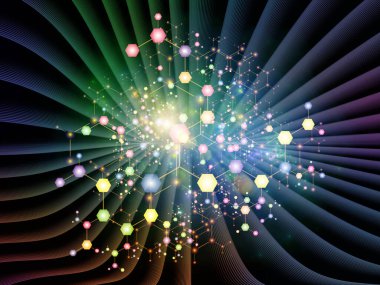 Moleküler yapı serisi. Soyut arkaplan üzerindeki soyut atomların bilim ve teknoloji konularındaki kristal ağa etkileşimi.