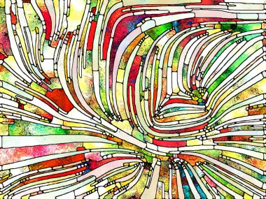 Tasarım Parçaları. Lekeli Camlar Birliği serisi. Parçalanma, sanat, şiir ve tasarım birliğinin teması üzerine renk ve doku parçalarının düzenlenmesi