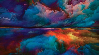 Renkli Vistas. Gerçekliğe Kaçış dizisi. Doğaüstü günbatımı renklerinin ve manzara resmi, hayal gücü, yaratıcılık ve sanat için dokuların etkileşimi