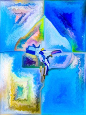 İnanç Parçaları. Lekeli Camların Haçı serisi. İsa ve Doğa 'nın çarmıha gerilmesinin parçalanmış birliği temasına ilişkin organik kilise pencere desenlerinin düzenlenmesi