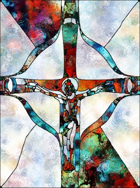 İnanç Parçaları. Lekeli Camların Haçı serisi. İsa ve Doğa 'nın çarmıha gerilmesinin parçalanmış birliği temasının organik kilise pencere desenlerinden oluşan soyut bir arka plan.