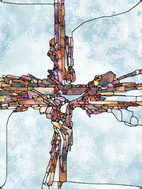 Kırık Işık. Lekeli Camların Haçı serisi. İsa ve Doğa 'nın çarmıha gerilmesinin parçalanmış birliğinin yerleşimlerine uygun organik kilise pencere renginden yapılmış görsel çekicilik arkaplanı