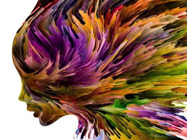 Rahatsız edici Düşünceler serisi. İnsan yüzü siluetinin içinde hareket halindeki kalın boya. İç dünya, zihin, psikoloji, depresyon, anksiyete, zihinsel hastalık, yaratıcılık ve soyut sanat konularındaki sanat çalışmaları.