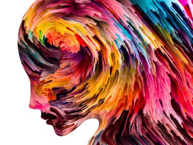 Rahatsız edici Düşünceler serisi. İnsan yüzü siluetinin içinde hareket halindeki kalın boya. İç dünya, zihin, psikoloji, depresyon, anksiyete, zihinsel hastalık, yaratıcılık ve soyut sanat konularındaki sanat çalışmaları.