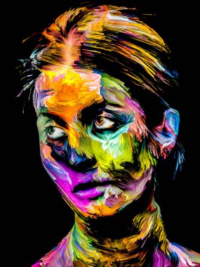 Renk serisi insanları. Yaratıcılık, hayal gücü ve sanat konularında çok renkli genç kadın portresi.