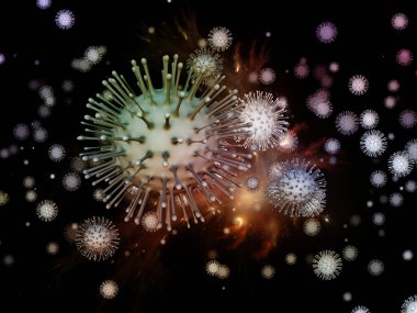 Coronavirus Matematik. Viral Salgın Serisi. 3 boyutlu Coronavirus parçacıkları ve mikro uzay elementlerinin virüs, salgın hastalık, enfeksiyon, hastalık ve sağlık ile kavramsal ilişkisi