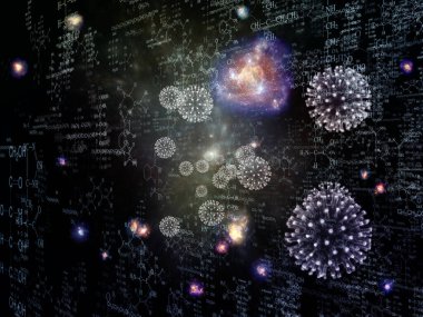 Coronavirus Evreni. Viral Salgın Serisi. Virüs, salgın, enfeksiyon, hastalık ve sağlık konularında çalışmalar için 3 boyutlu Coronavirus parçacıkları ve mikro uzay elementleri