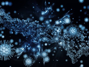 Coronavirus Evreni. Viral Salgın Serisi. Virüs, salgın, enfeksiyon, hastalık ve sağlık konularında 3 boyutlu Coronavirus parçacıkları ve mikro uzay elementleri