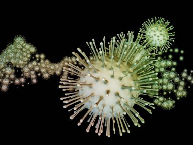 Virüs Mantığı. Viral Salgın Serisi. Coronavirus parçacıkları ve virüs, salgın, enfeksiyon, hastalık ve sağlıkla ilgili mikro uzay elementlerinin 3D Illustration 'ı