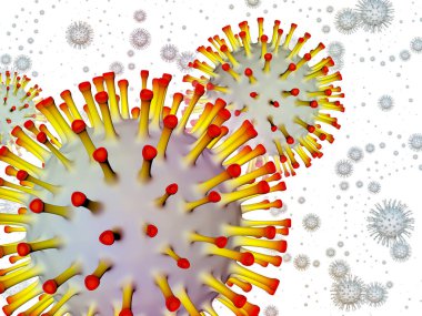 Coronavirus Matematik. Viral Salgın Serisi. 3 boyutlu Coronavirus parçacıkları ve mikro uzay elementlerinin virüs, salgın hastalık, enfeksiyon, hastalık ve sağlık ile kavramsal ilişkisi