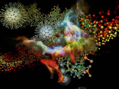 Üç boyutlu Coronavirus virüs parçacığı ve üç boyutlu soyut moleküler elementlerin viral cisimler ve mikro çevre veya bağışıklık sistemi etkileşimi üzerine oluşturulması