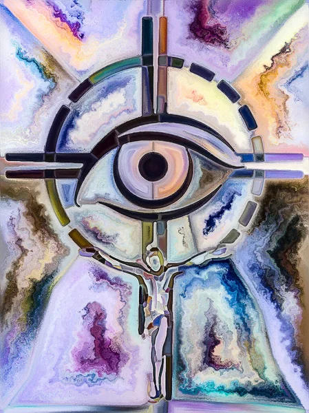 信念のテクスチャ ステンドグラスシリーズのクロス キリストと自然界の十字架刑の断片化された一体性に関連する有機的な教会窓の色パターンの相互作用 — ストック写真