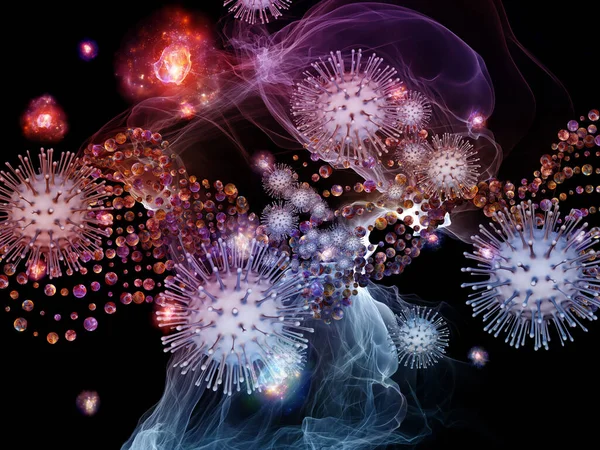 Renderização Interação Partículas Virais Elementos Celulares Abstratos Sobre Tema Coronavírus — Fotografia de Stock