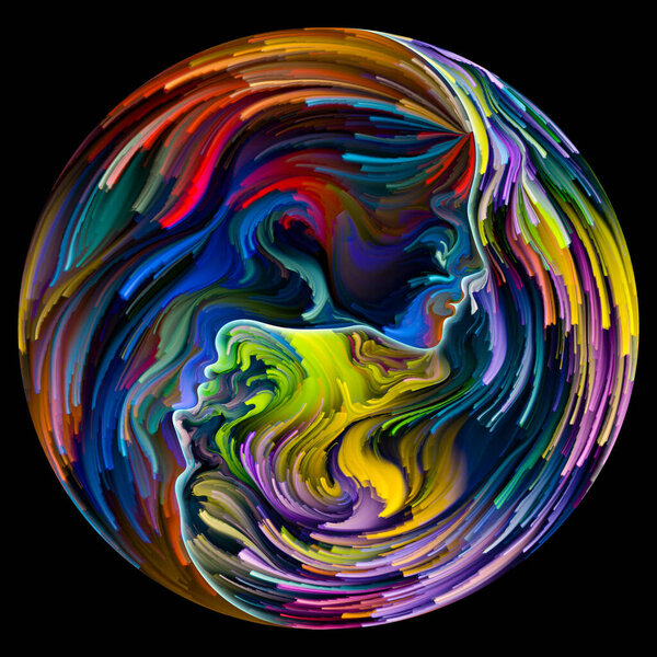 "Soul Mates". Нечеткие мужские, женские черты лица соединились в символ формы инь-янь с мазками цифровой краски. Иллюстрация на тему любви, романтики, искусства и сил в природе.