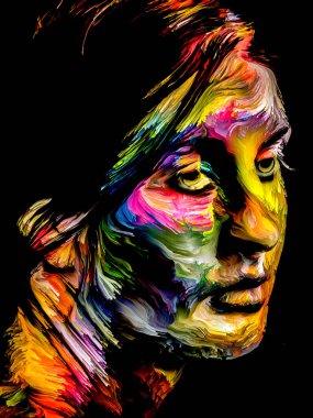 Renk serisi insanları. Yaratıcılık, hayal gücü ve sanat konularında genç bir kadının renkli soyut portresi.