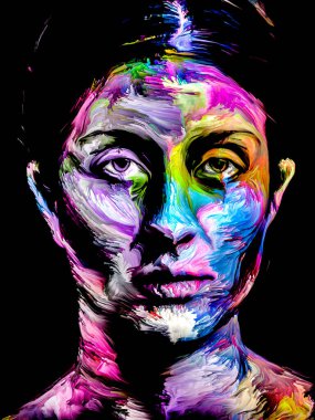 Renk serisi insanları. Yaratıcılık, hayal gücü ve sanat konularında genç bir kadının renkli soyut portresi.