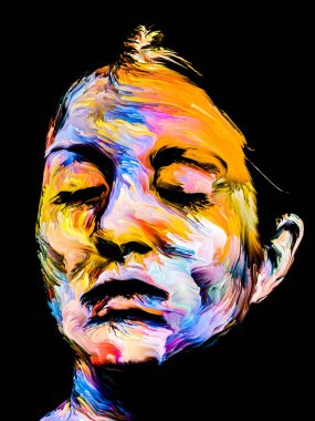 Renk serisi insanları. Yaratıcılık, hayal gücü ve sanat konularında genç bir kadının canlı ve soyut portresi.