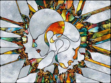 Kırık hayal gücü. Lekeli Camlar Birliği serisi. Parçaların birleştirilmesi, sanat, şiir ve tasarım projelerinde kullanılacak renk ve doku parçalarının arkaplanı