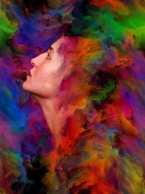 Kadınlar Dünya Serisi. Duygular, duygular, iç dünya, yaratıcılık ve hayal gücü konularında bir metafor olarak kadın portresinin canlı resimlerle kaynaşmış yaratıcı düzenlemesi.