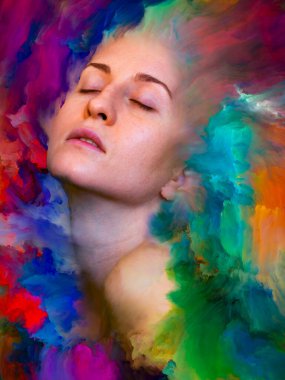 Dünya serisi. Duygular, duygular, iç dünya, yaratıcılık ve hayal gücü konularında kadın portresiyle birleştirilmiş soyut tasarım.