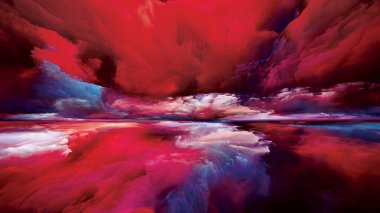 Işık Ülkesi. Gerçekliğe Kaçış dizisi. Doğaüstü günbatımı renklerinden ve manzara resmi, hayal gücü, yaratıcılık ve sanatla ilgili dokulardan oluşan soyut tasarım.