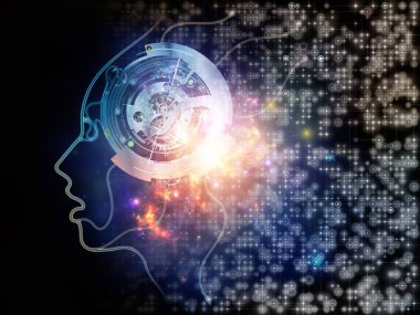 Yapay mantık serisinin ışığı. İnsanın yüz hatlarının ve zihin, teknoloji ve bilinç konularındaki dijital elementlerin arkaplanı