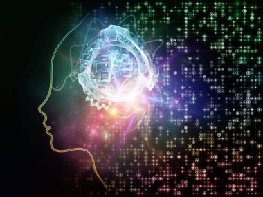 Yapay mantık serisinin ışığı. İnsanın yüz hatlarının ve zihin, teknoloji ve bilinç konularındaki dijital elementlerin arkaplanı