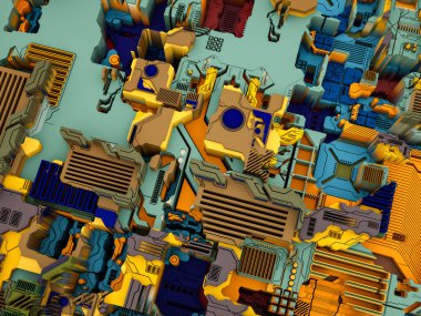 Yer Değiştirme Dünyası serisi. Bilim, modern teknoloji ve eğitim konularında soyut teknolojik örüntünün 3 boyutlu yorumlanması.