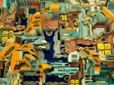 Yer Değiştirme Dünyası serisi. Bilim, modern teknoloji ve eğitim konularında soyut teknolojik örüntünün 3 boyutlu yorumlanması.