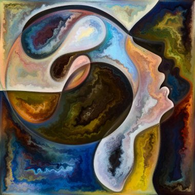 Hayalet Zihin. Renkli Geometri serisi. İnsan siluetlerinin soyut düzenlenmesi, sanat dokuları ve renkleri iç yaşam, drama, şiir ve algı projeleri için uygun etkileşim