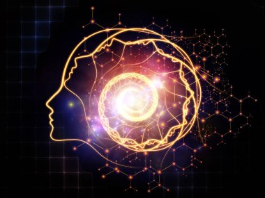 Zihin Bilimleri serisinden. Bilinç, akıl, yapay zeka ve teknoloji konularında insan siluetinin yüz hatlarının ve soyut elementlerin düzenlenmesi