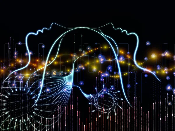 Meeting of the Minds series. Interplay of two human silhouettes, arrows and abstract elements on the subject of collaborative thinking, brainstorming, exchanging  ideas, teaching and learning