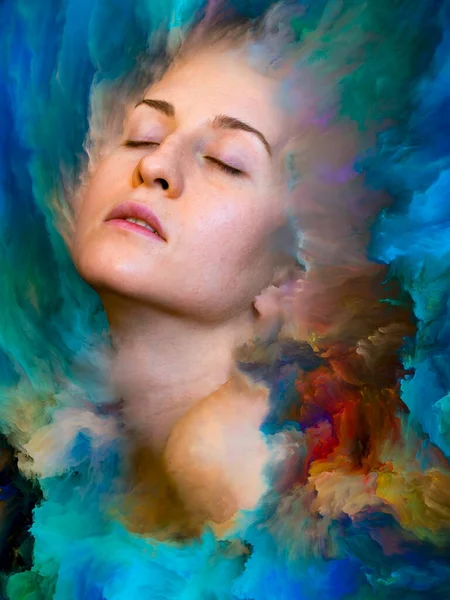 Her World series. Arrangement of female portrait fused with vibrant paint on the subject of feelings, emotions, inner world, creativity and imagination
