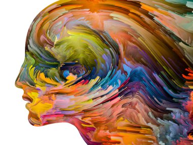 Rahatsız edici Düşünceler serisi. Sıvı boya insan yüzü siluetinde hareket halinde. İç dünya, zihin, psikoloji, depresyon, anksiyete, zihinsel hastalık, yaratıcılık ve soyut sanat konularındaki sanat çalışmaları.