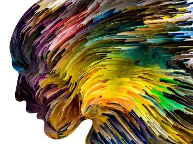 Rahatsız edici Düşünceler serisi. Sıvı boya insan yüzü siluetinde hareket halinde. İç dünya, zihin, psikoloji, depresyon, anksiyete, zihinsel hastalık, yaratıcılık ve soyut sanat konularındaki sanat çalışmaları.