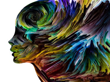 Rahatsız edici Düşünceler serisi. İnsan yüzü siluetinde desenli boya hareket halinde. İç dünya, zihin, psikoloji, depresyon, anksiyete, zihinsel hastalık, yaratıcılık ve soyut sanat konularındaki sanat çalışmaları.